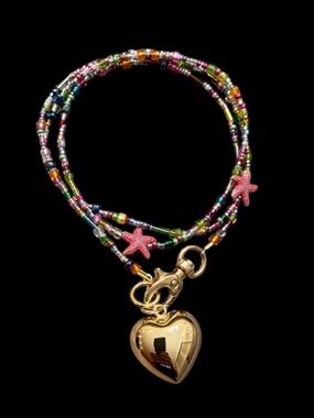 Gold Heart Long Beaded Necklace.